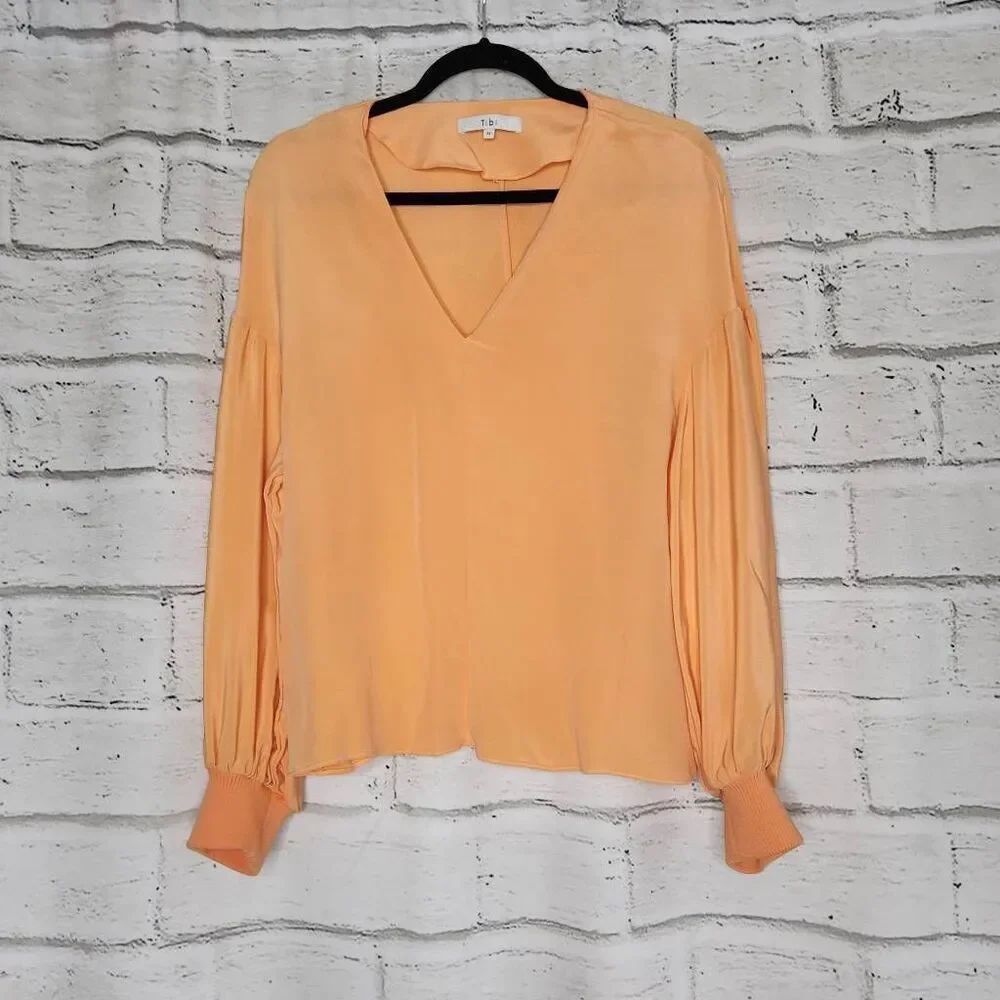 Tibi Womens Orange V-Neck Pleated Long Sleeve 100% Silk Pullover Blouse Medium